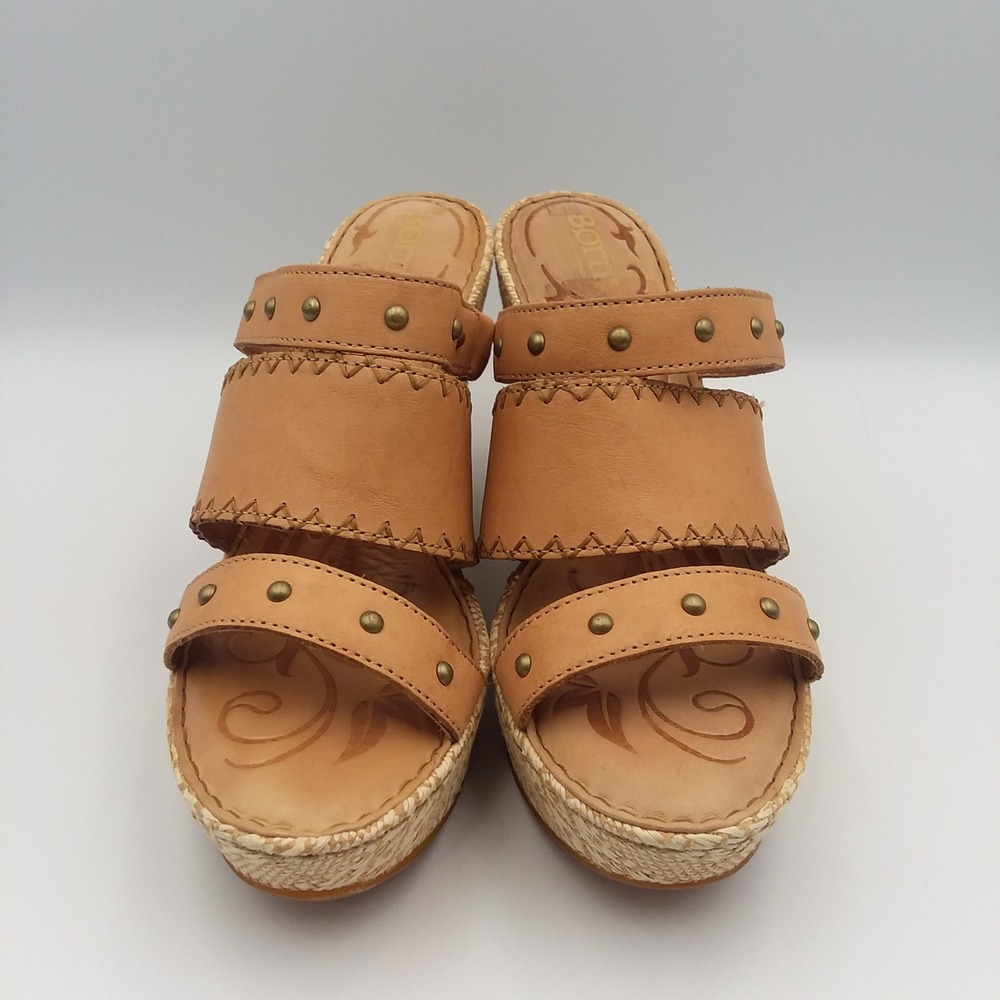 Born Borini Tan Leather Raffia Wedge Sandals Studded Straps Women's 9M Boho - Picture 7 of 16